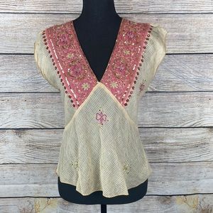 Y2K Bohemian Sequin Cream V-Neck Top